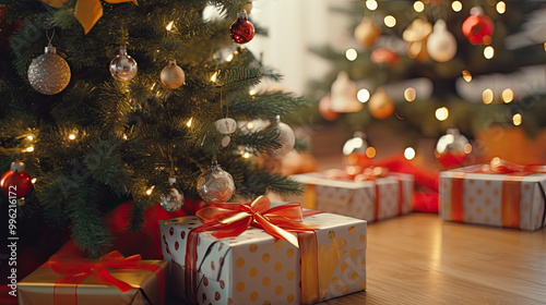 Christmas gifts at the foot of a Christmas tree or a Christmas fir tree