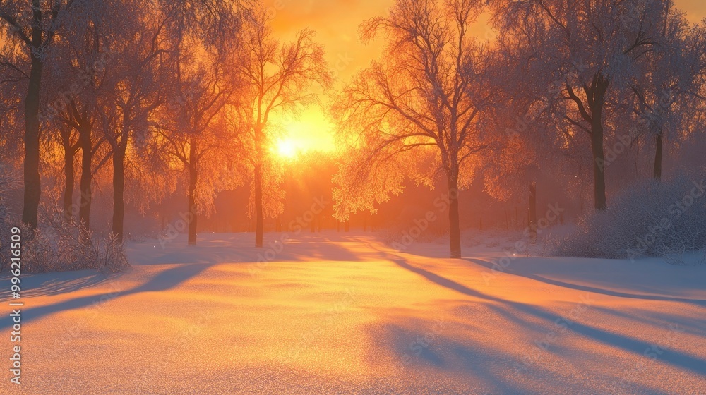 A wintry sunrise illuminating a snow-covered field, with the orange glow casting long shadows from frosted trees. A wintry sunrise illuminating a snow-covered field, with the orange glow casting long shadows from frosted trees.