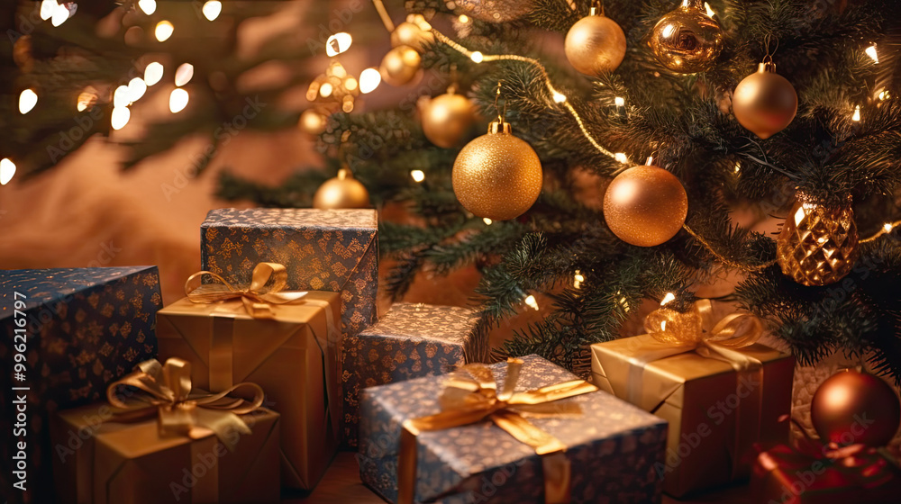 Christmas gifts at the foot of a Christmas tree or a Christmas fir tree Christmas gifts at the foot of a Christmas tree or a Christmas fir tree