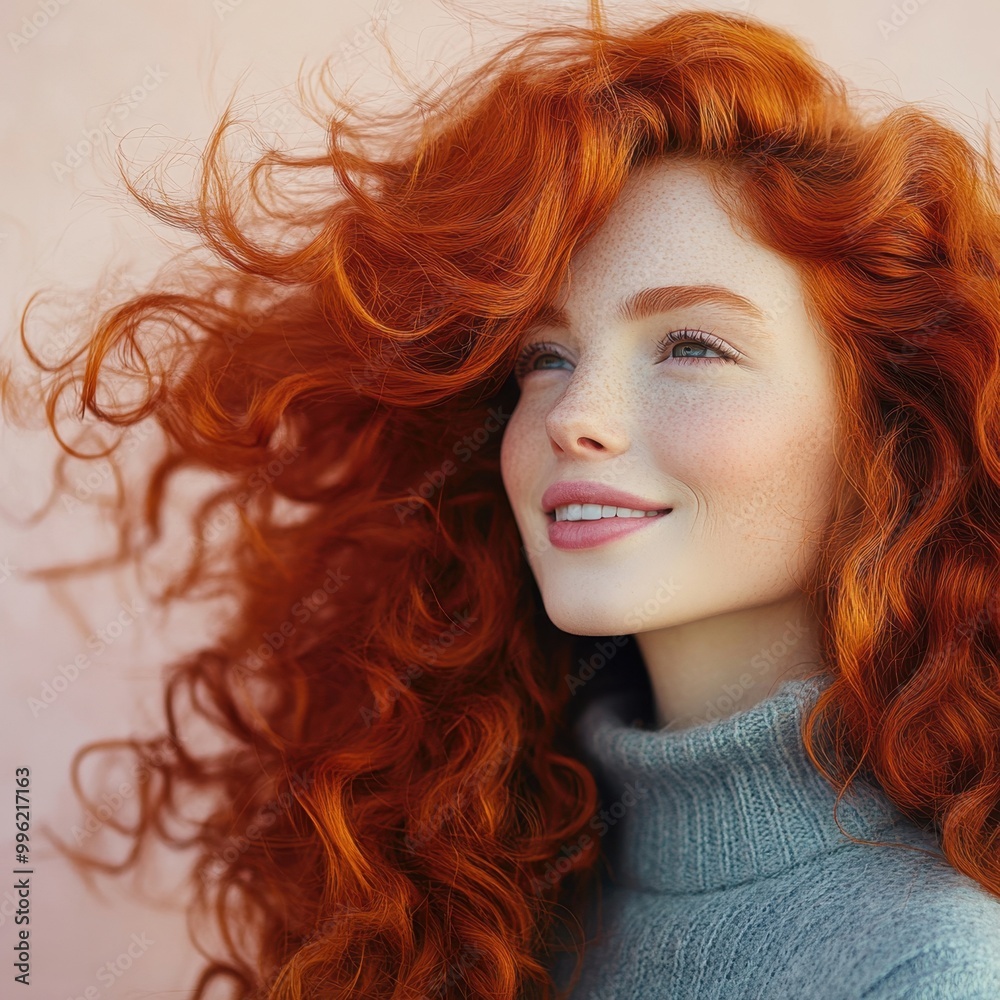 Naklejka premium Woman Running Fingers Through Wavy Red Hair Against Pastel Pink Background