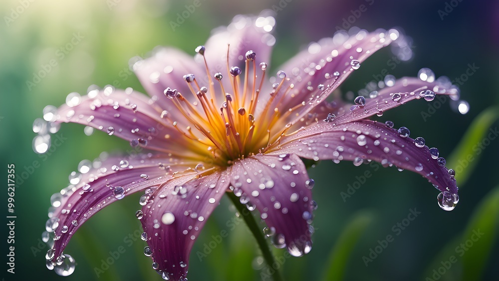 A single pink flower with dew drops on the petals and a blurred background. A single pink flower with dew drops on the petals and a blurred background.
