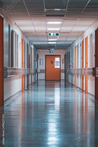 A long hospital corridor with orange doors and bright lighting.