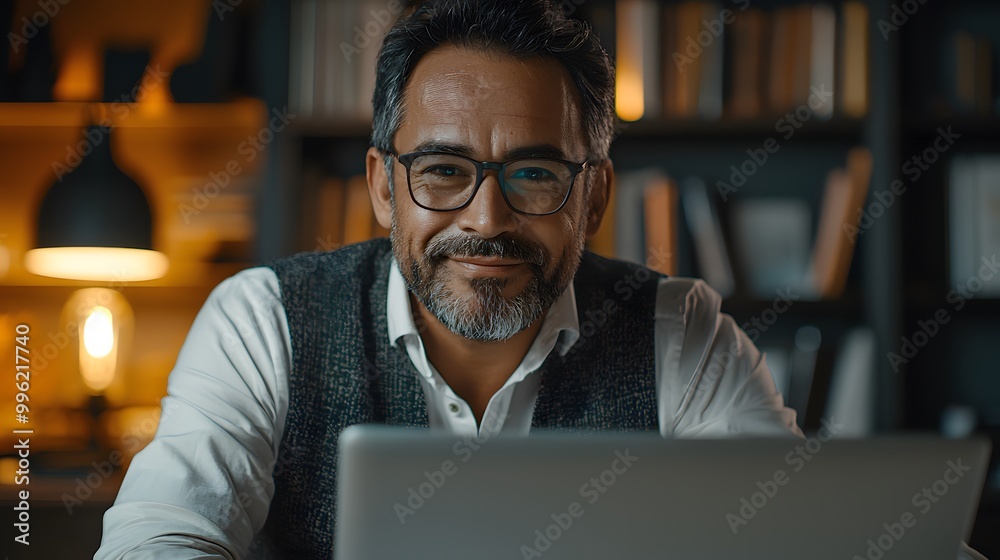 Smiling middle-aged man with glasses working on a laptop in a cozy home office. Smiling middle-aged man with glasses working on a laptop in a cozy home office.