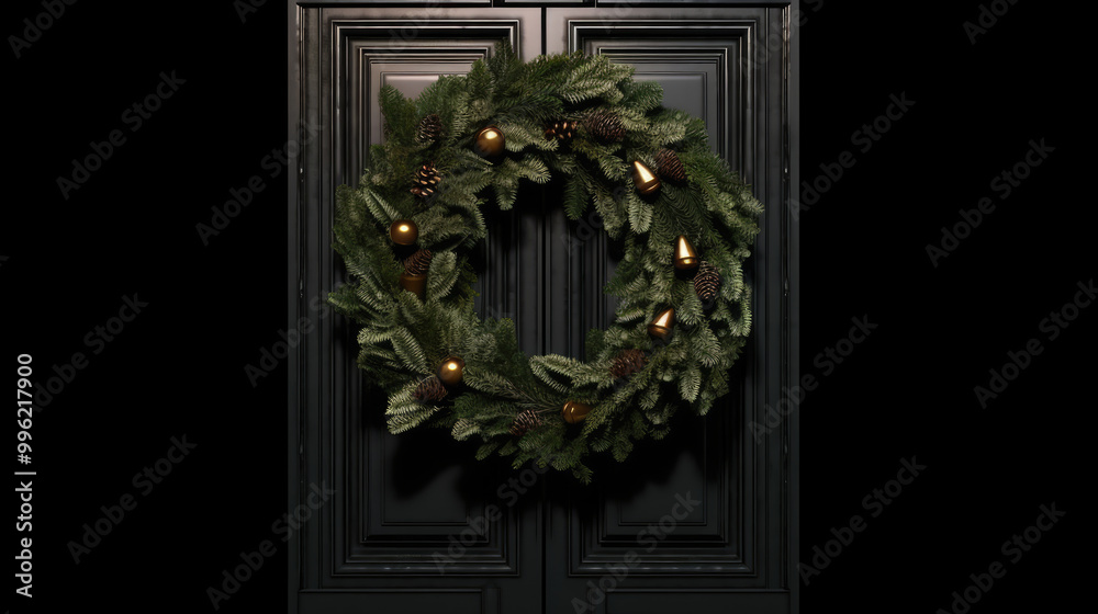 Christmas wreath with Christmas ornaments on a black door Christmas wreath with Christmas ornaments on a black door