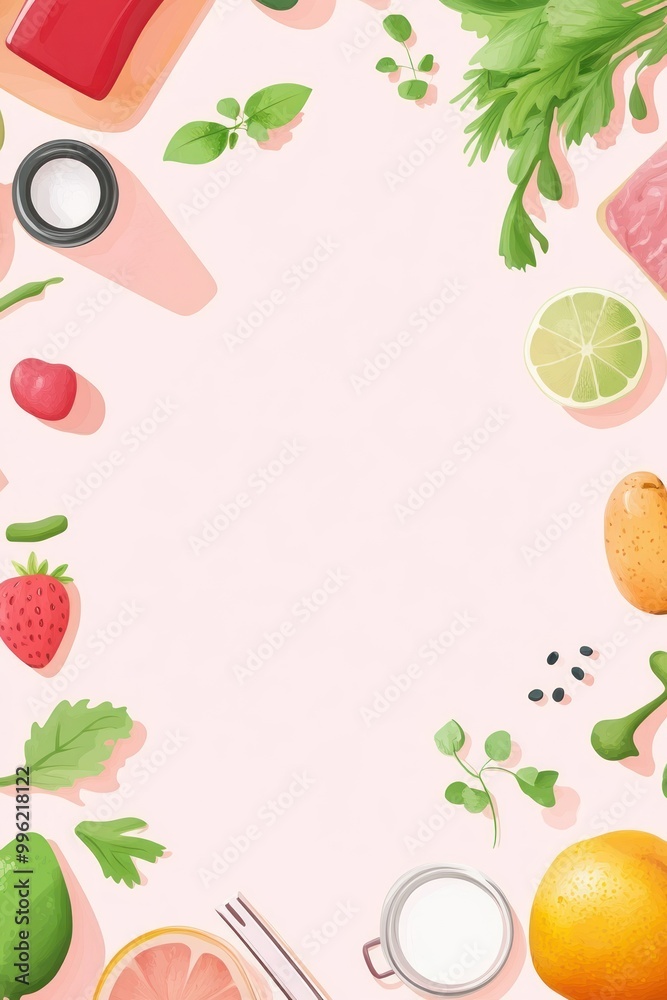 A colorful arrangement of fresh ingredients and fruits on a light background. A colorful arrangement of fresh ingredients and fruits on a light background.