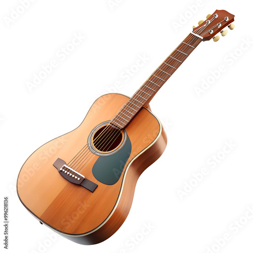 An acoustic guitar with a wooden finish, perfect for music enthusiasts and performances. Isolated on transparent or white background.