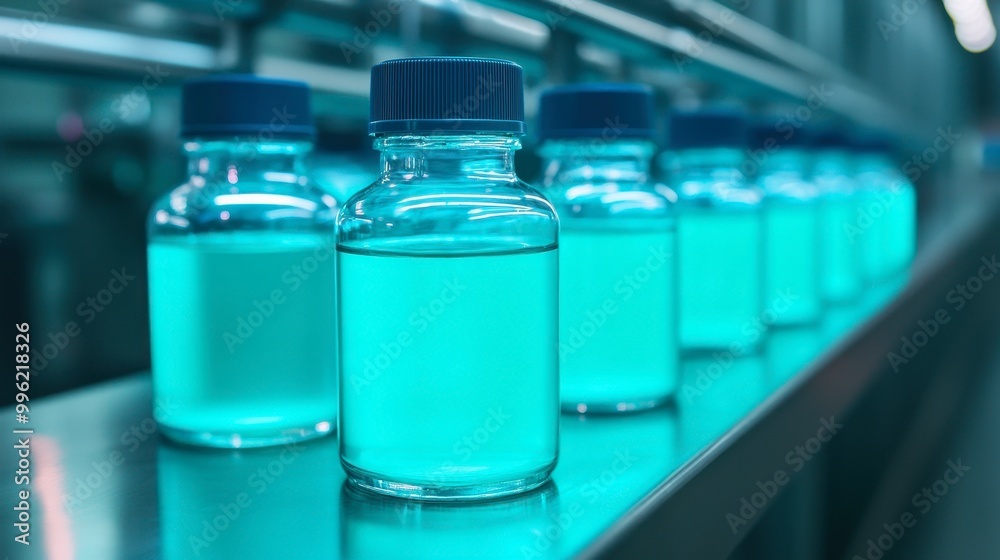 A row of transparent vials filled with a vibrant blue liquid, showcasing a sterile environment typical of a laboratory or production facility. A row of transparent vials filled with a vibrant blue liquid, showcasing a sterile environment typical of a laboratory or production facility.
