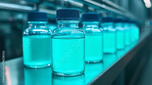 A row of transparent vials filled with a vibrant blue liquid, showcasing a sterile environment typical of a laboratory or production facility.