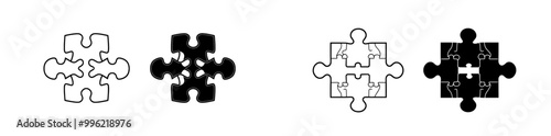 Ofvs523 OutlineFilledVectorSign ofvs - puzzle modern icon . jigsaw puzzle with four parts . isolated transparent . black outline and filled version . AI/EPS/PNG.