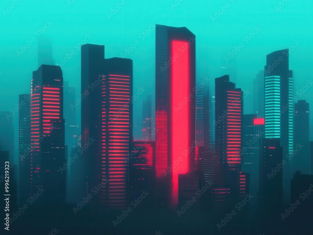 Obraz premium A futuristic city with tall, sleek skyscrapers powered by renewable energy sources, wind turbines and solar panels integrated, glowing neon accents