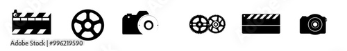 A video icon with a shooting set icon, a film shooting icon, a camera icon, an old film icon, and a clapboard symbol for an app, a website, or a design element. A movie concept. Modern illustration.