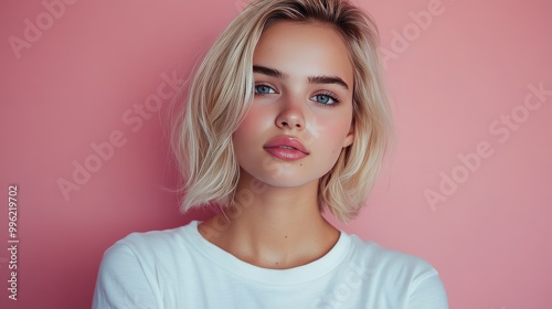 Young woman with blonde hair. Ideal for beauty, fashion, and lifestyle websites.