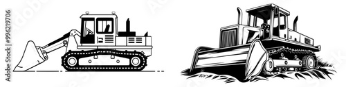 For construction themes, an illustration of a bulldozer icon in a solid black silhouette style is used