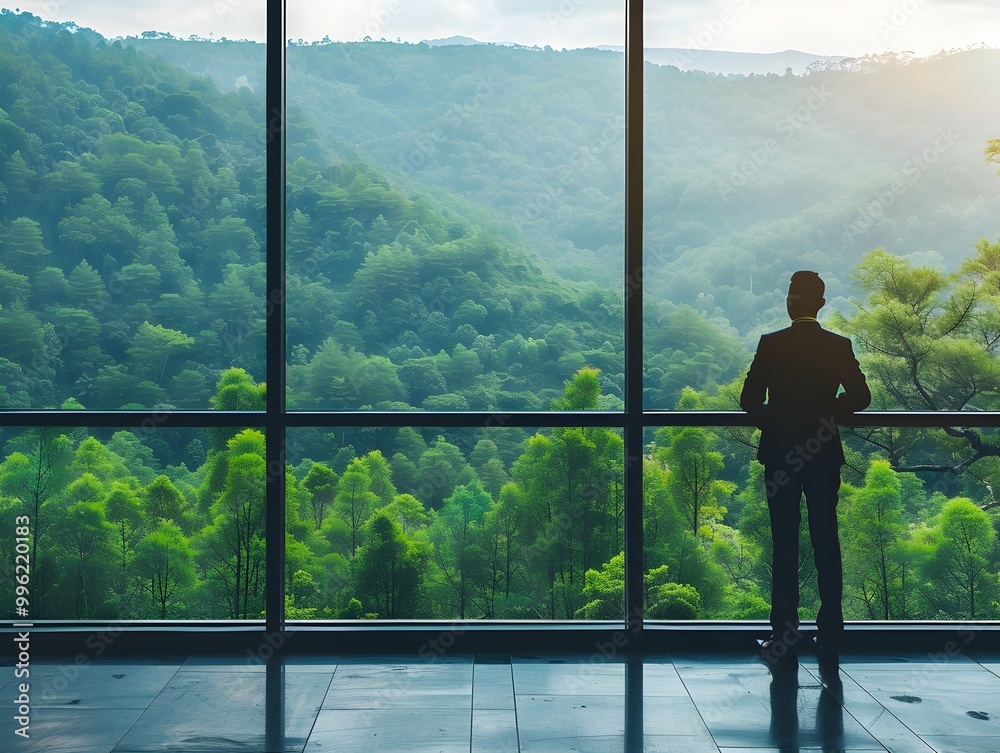 Fototapeta premium Businessman Contemplating the Balance Between Development and Conservation from Boardroom Window Overlooking Lush Forest Landscape