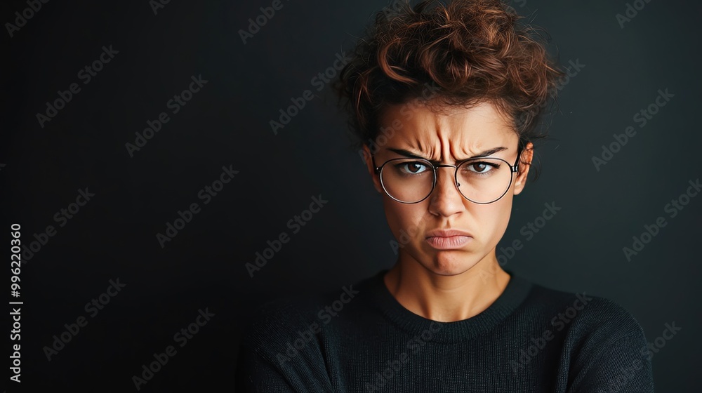A woman with curly hair and glasses frowning against a dark background, capturing a moment of frustration or discontent. A woman with curly hair and glasses frowning against a dark background, capturing a moment of frustration or discontent.