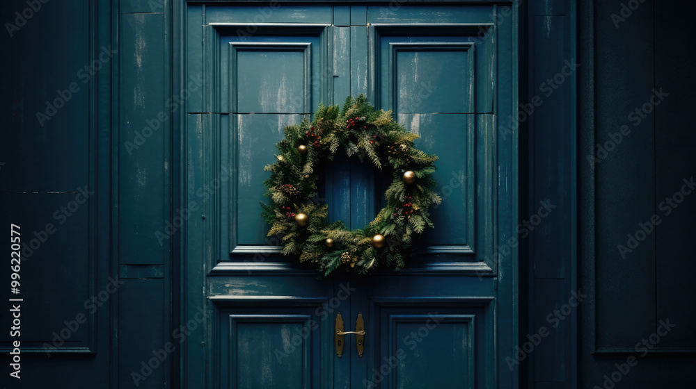 Christmas wreath with Christmas ornaments on a indigo door Christmas wreath with Christmas ornaments on a indigo door