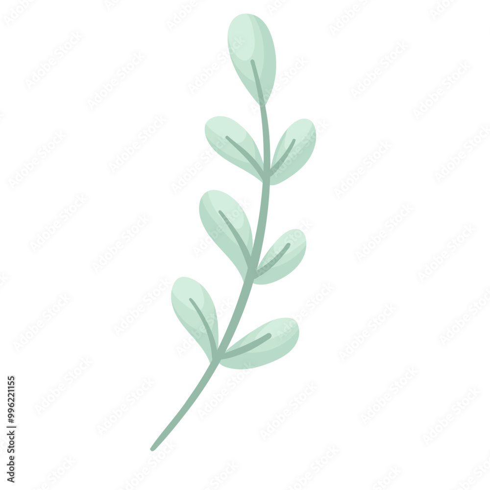 Vector blue branch with leaves in flat style isolated on a white background. Wild botanical elements for your design. Simple minimalistic bright flowers. Vector illustration Vector blue branch with leaves in flat style isolated on a white background. Wild botanical elements for your design. Simple minimalistic bright flowers. Vector illustration