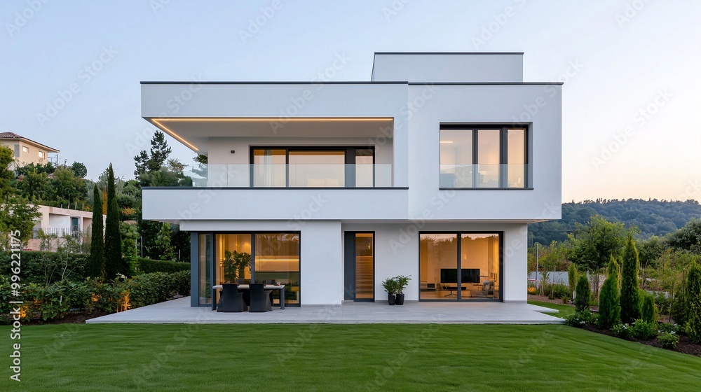 Modern architectural design of a white house with large windows, surrounded by greenery, showcasing contemporary living. Modern architectural design of a white house with large windows, surrounded by greenery, showcasing contemporary living.