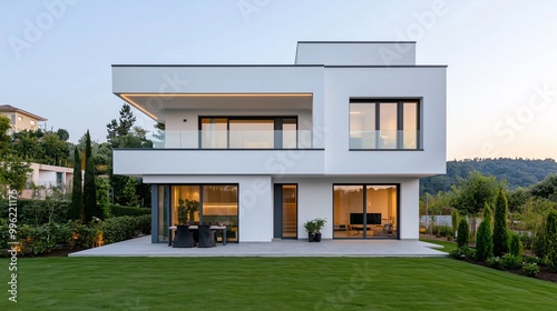 Modern architectural design of a white house with large windows, surrounded by greenery, showcasing contemporary living.