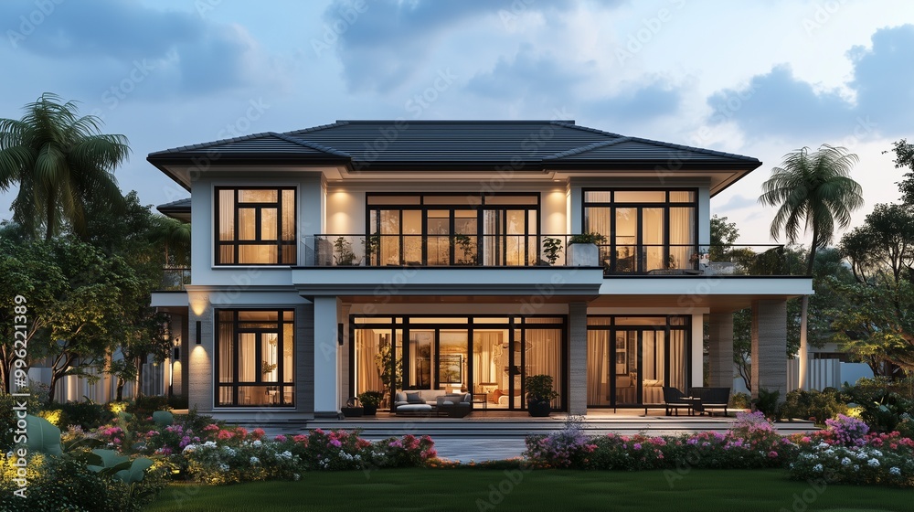 Stunning modern house exterior at dusk, featuring elegant architecture and vibrant landscaping in a serene natural setting. Stunning modern house exterior at dusk, featuring elegant architecture and vibrant landscaping in a serene natural setting.