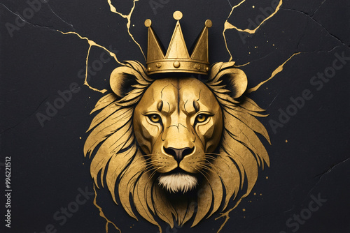 Unique fantasy abstract golden black portrait illustration of the tropical exotic brave lion animal with crown.
