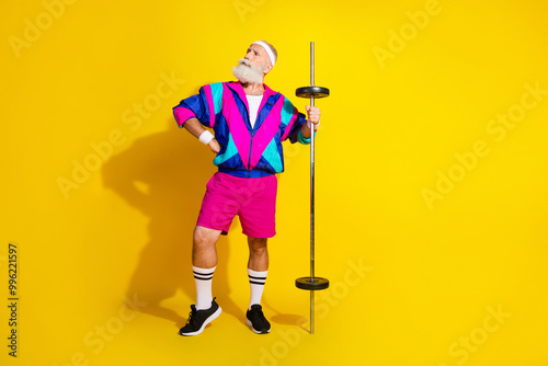 Obraz na plátně Full size photo poster of handsome granddad sportsman proud hold barbell wear tr
