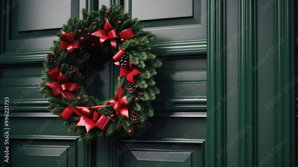 Christmas wreath with Christmas ornaments on a scarlet door Christmas wreath with Christmas ornaments on a scarlet door
