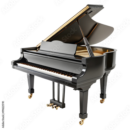 Elegant black grand piano on a transparent or white isolated background, showcasing its sleek design and craftsmanship. photo