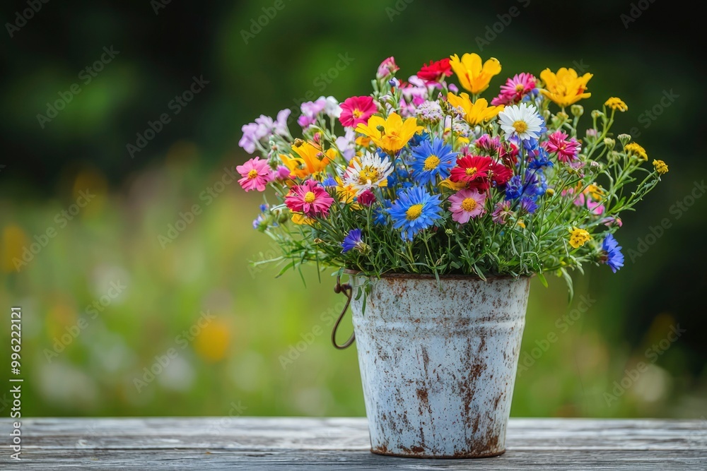 Vibrant Wildflowers in a Rustic White Bucket Vibrant Wildflowers in a Rustic White Bucket