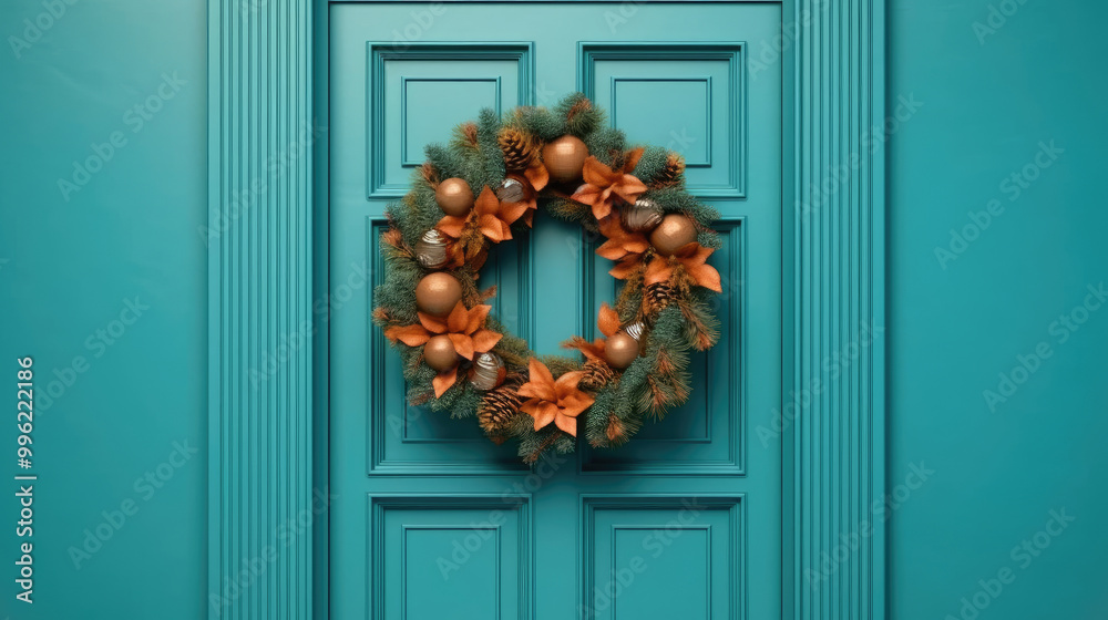 Christmas wreath with Christmas ornaments on a azure door Christmas wreath with Christmas ornaments on a azure door