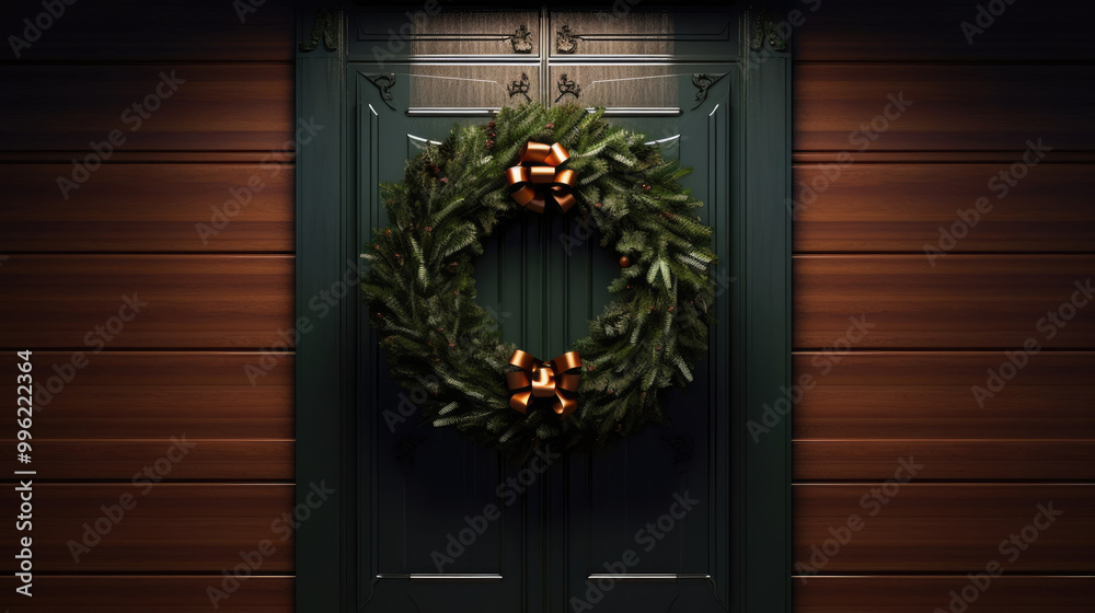 Christmas wreath with Christmas ornaments on a dark brown door Christmas wreath with Christmas ornaments on a dark brown door