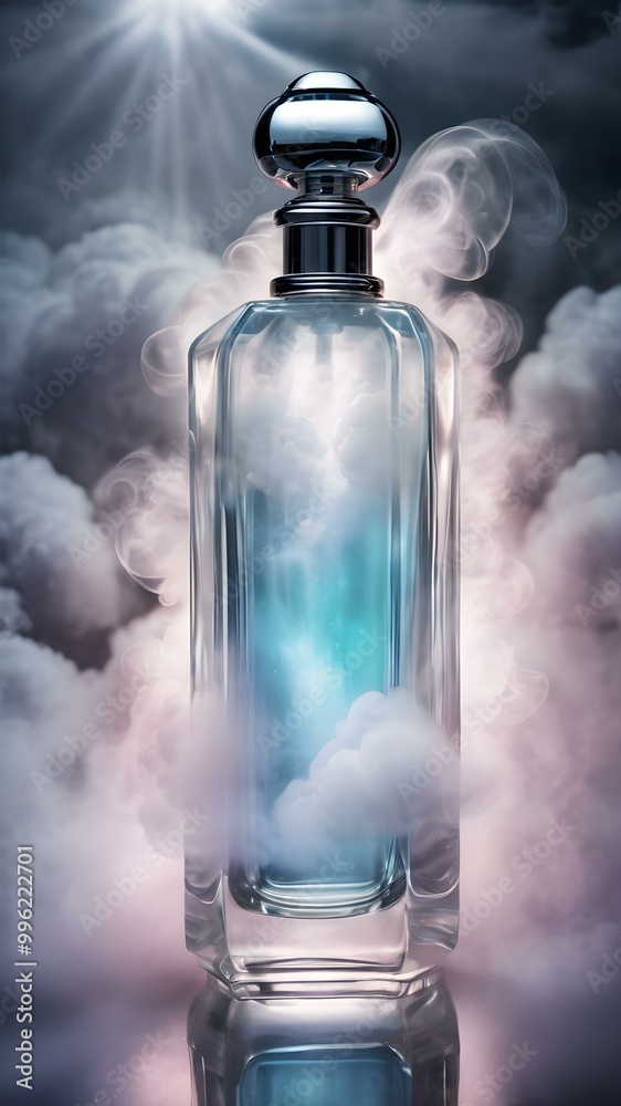 Perfume bottle surrounded by soft clouds of vapor, with glowing light beams illuminating the mist in the background
Perfume bottle surrounded by soft clouds of vapor, with glowing light beams illuminating the mist in the background