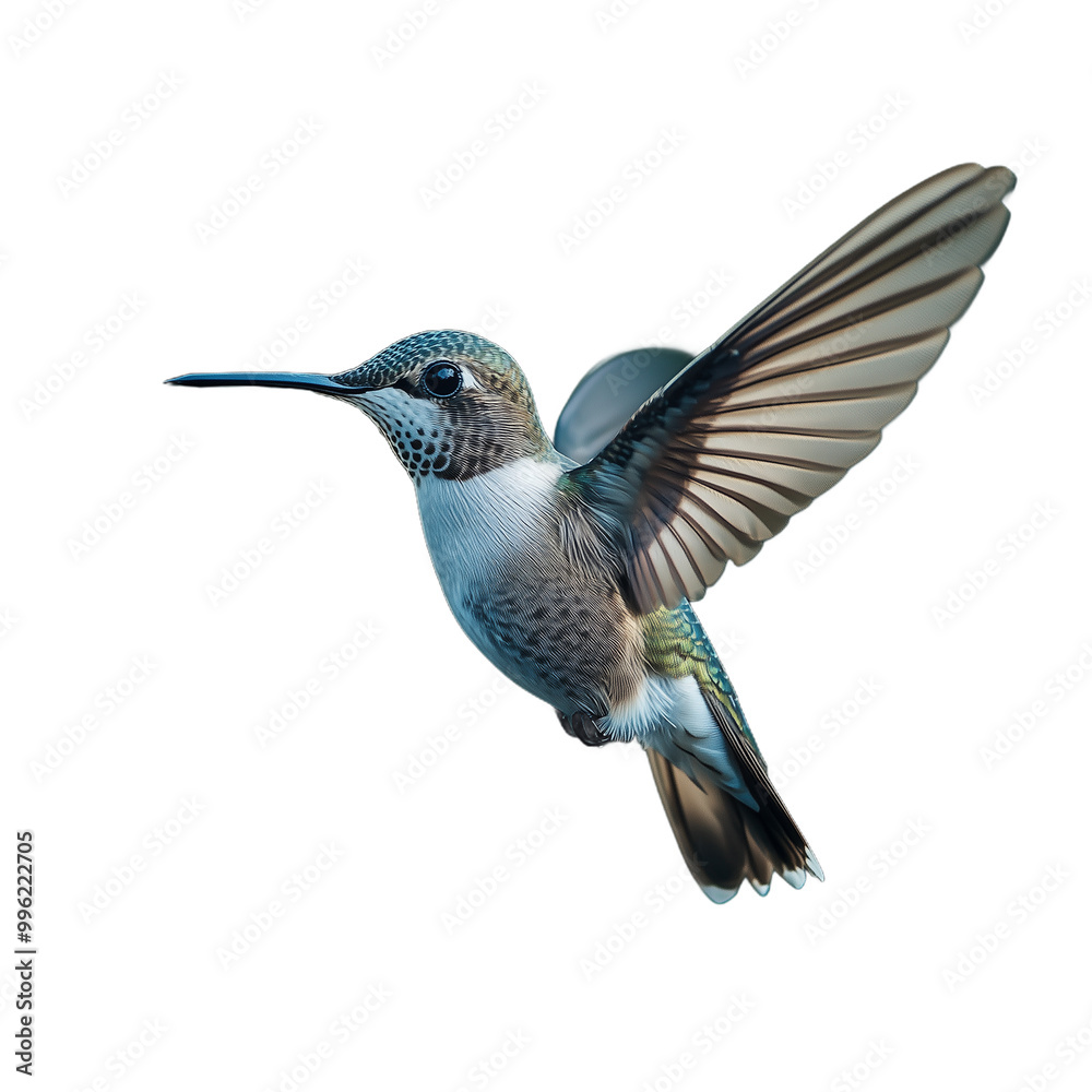 Photo of a hovering hummingbird with wings spread on a transparent background