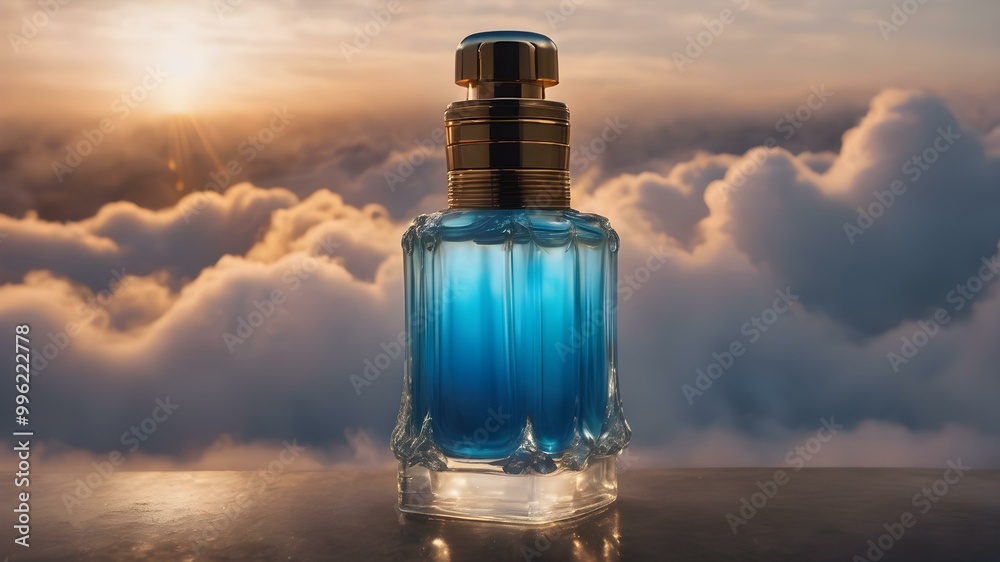 Perfume bottle surrounded by soft clouds of vapor, with glowing light beams illuminating the mist in the background
Perfume bottle surrounded by soft clouds of vapor, with glowing light beams illuminating the mist in the background