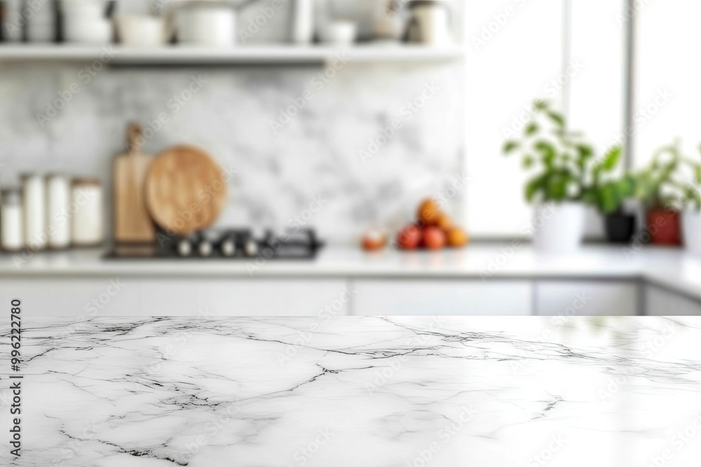 White marble texture table top on blurred kitchen background for montage or display your products with generative ai White marble texture table top on blurred kitchen background for montage or display your products with generative ai