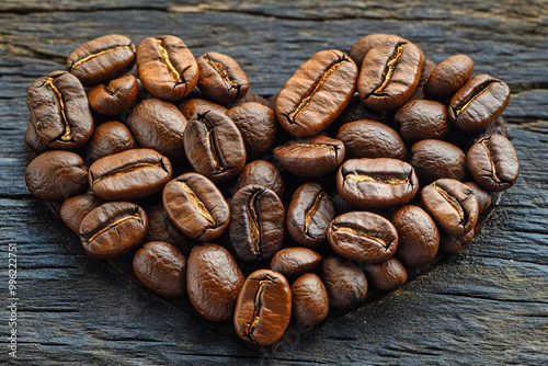 Closeup fresh roasted Arabian or aroma coffee beans on shape of heart. Organic coffee concept background. Top view, flat lay backdorp with copy space photo