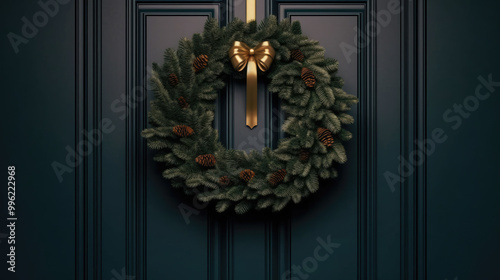 Christmas wreath with Christmas ornaments on a dark green door