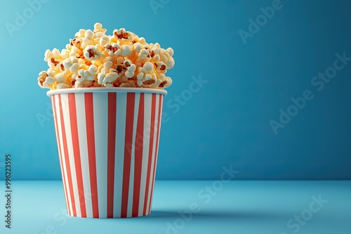 A red and white striped bucket filled with popcorn. This photo can be used for movie nights, snack time, or entertainment themes.