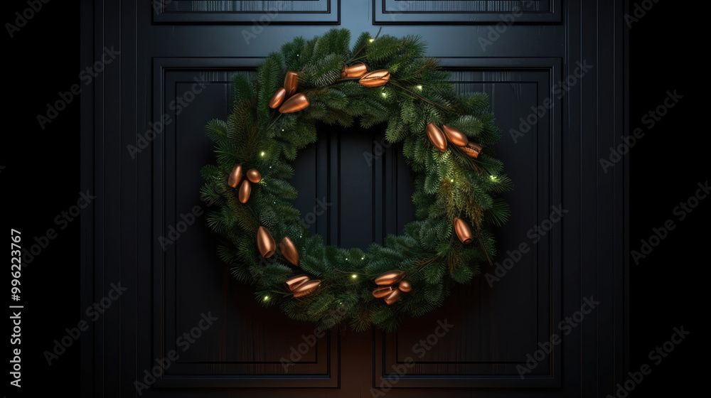 Christmas wreath with Christmas ornaments on a light black door Christmas wreath with Christmas ornaments on a light black door