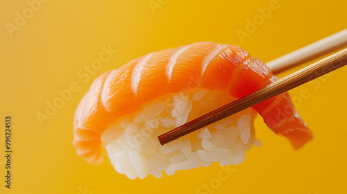 A close-up of a man holding chopsticks and eating sushi on a bright yellow background creates an attractive visual image for social media or food advertising.