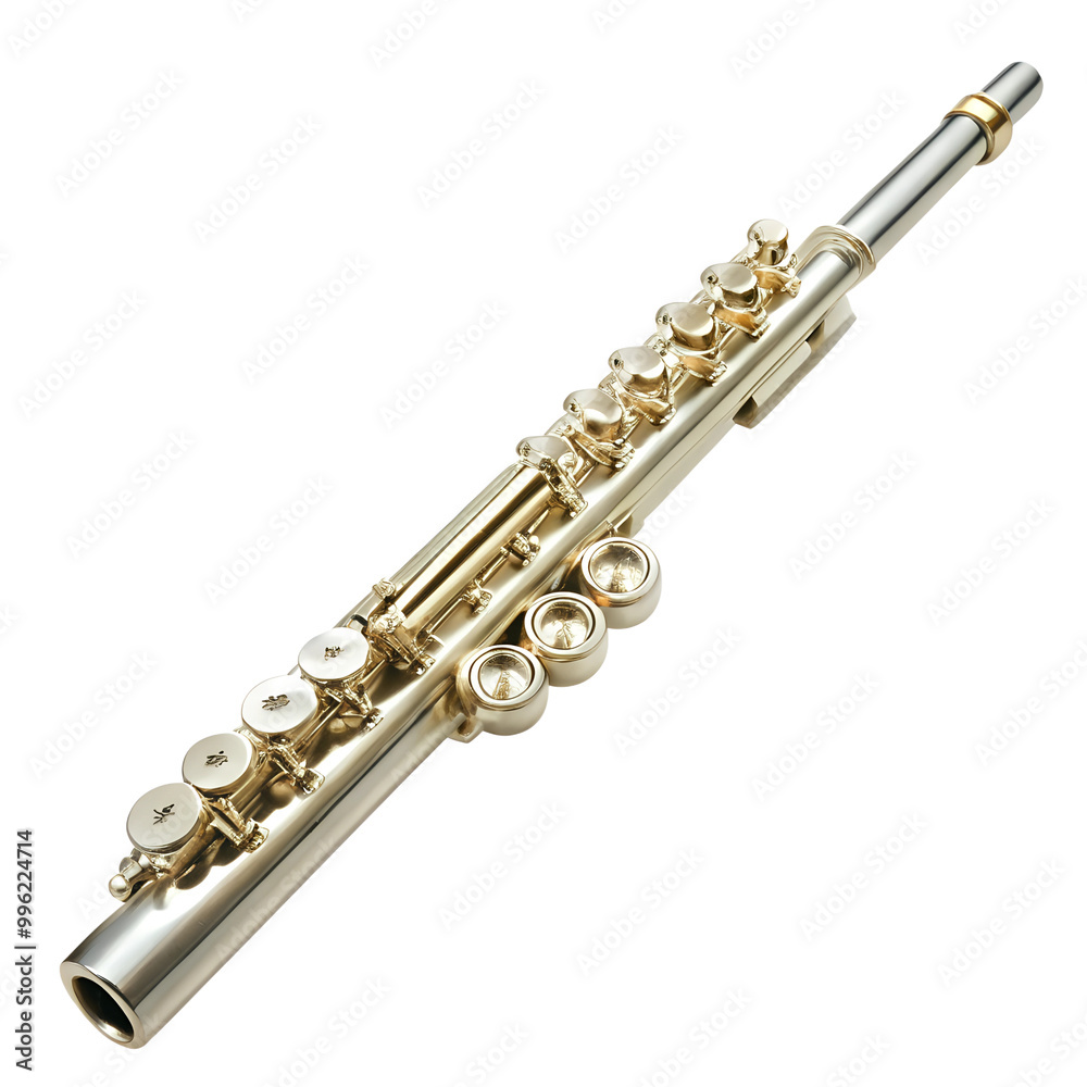 Fototapeta premium Silver flute on transparent or white isolated background, showcasing intricate detailing and craftsmanship.