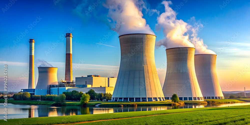 Modern nuclear power plant building producing energy from uranium and plutonium atoms, energy, facility, construction Modern nuclear power plant building producing energy from uranium and plutonium atoms, energy, facility, construction