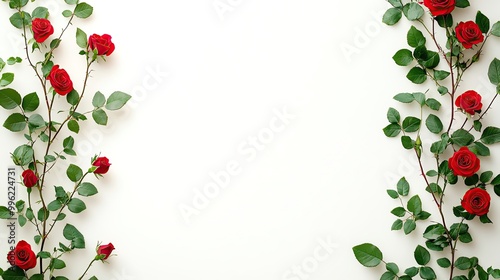 Red roses and green leaves elegantly frame a blank white space, perfect for romantic or floral-themed designs.