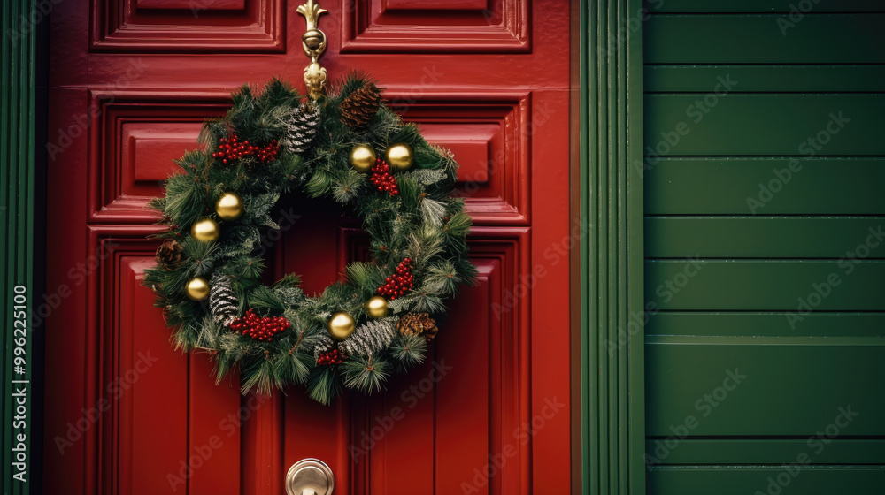 Christmas wreath with Christmas ornaments on a vivid maroon door Christmas wreath with Christmas ornaments on a vivid maroon door