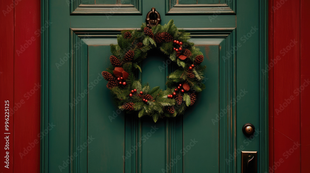 Christmas wreath with Christmas ornaments on a vivid maroon door Christmas wreath with Christmas ornaments on a vivid maroon door