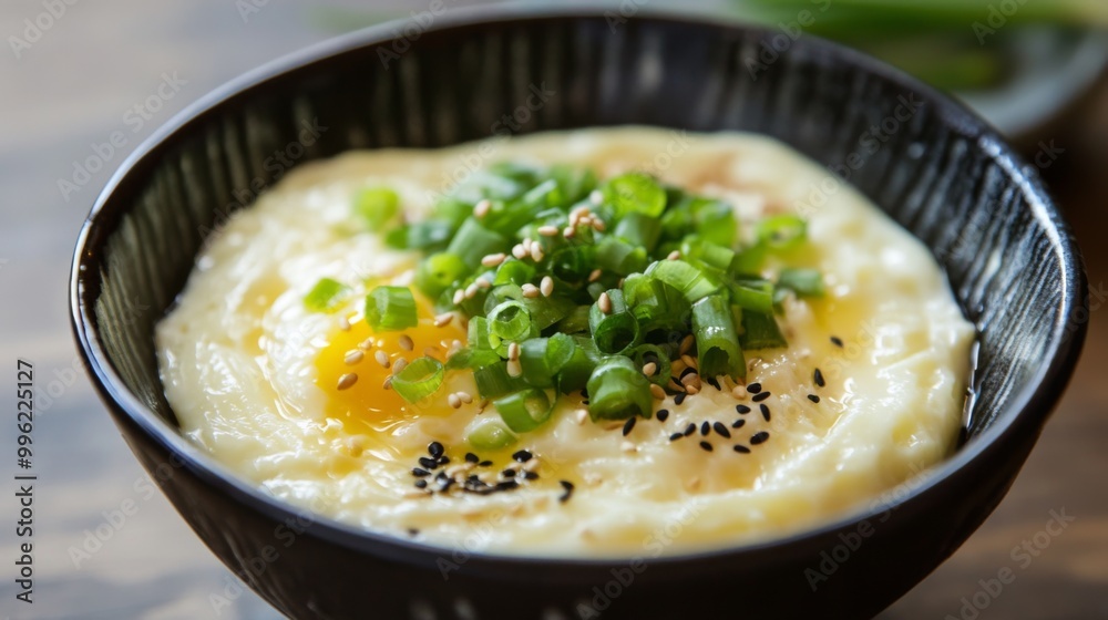 A beautifully presented bowl of fluffy steamed egg topped with green onions and sesame oil, capturing the smooth texture and inviting colors of this comforting dish. A beautifully presented bowl of fluffy steamed egg topped with green onions and sesame oil, capturing the smooth texture and inviting colors of this comforting dish.