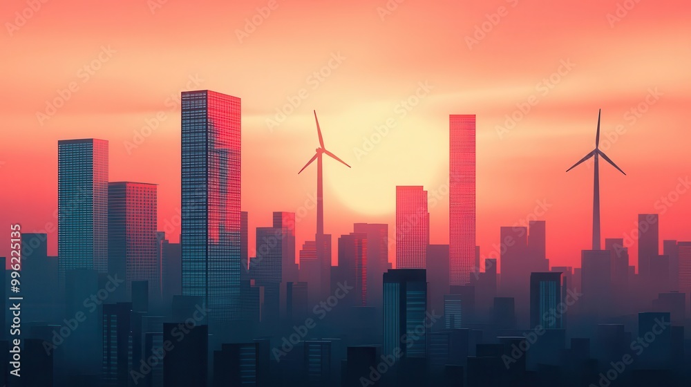 Futuristic skyscrapers with solar panels and wind turbines, glowing softly in a modern cityscape, energy-efficient and sustainable