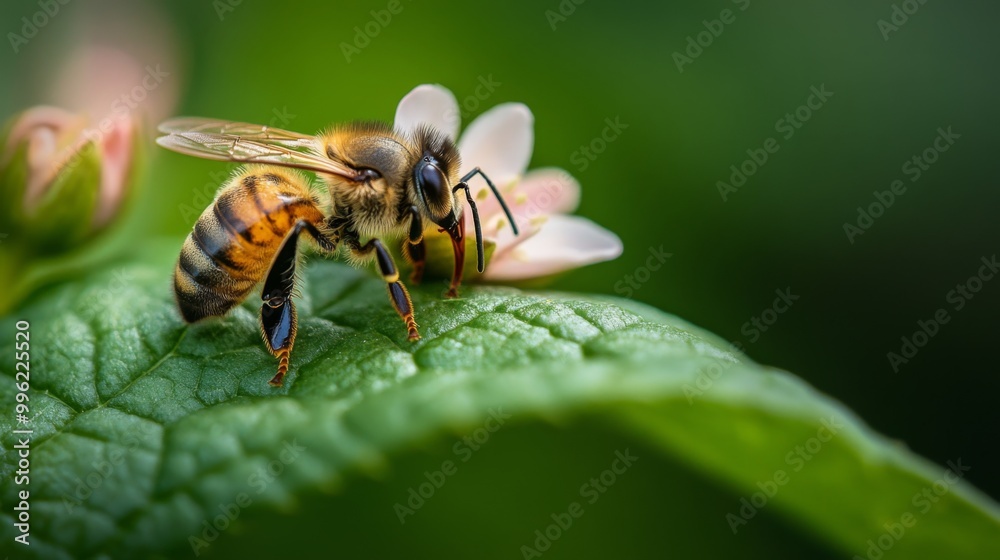 A bee collecting pollen while resting on a flower petal that sits atop a large green leaf, showing the harmony of insects and nature in a macro shot A bee collecting pollen while resting on a flower petal that sits atop a large green leaf, showing the harmony of insects and nature in a macro shot