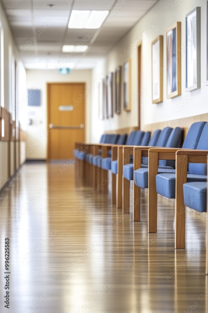 A clean, well-lit hallway with blue chairs and wooden accents, likely in a medical facility. A clean, well-lit hallway with blue chairs and wooden accents, likely in a medical facility.