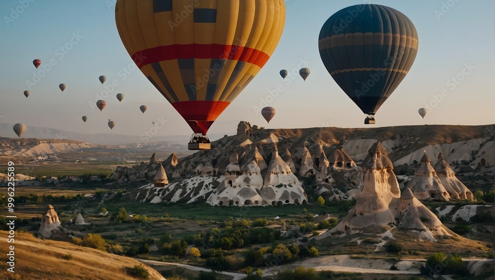 Obraz premium Stunning Aerial Views of Cappadocia with Hot Air Balloons Enhancing the Landscape
